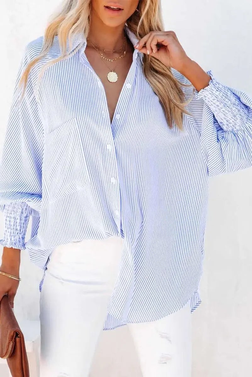 Sky Blue Smocked Cuffed Striped Boyfriend Shirt with Pocket - Love Salve